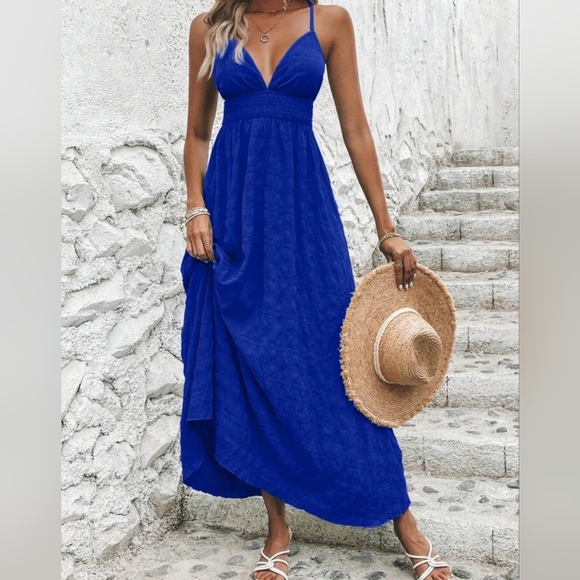 New Flowy Textured Striped Halter Maxi Dress Royal Blue - Picture 3 of 8